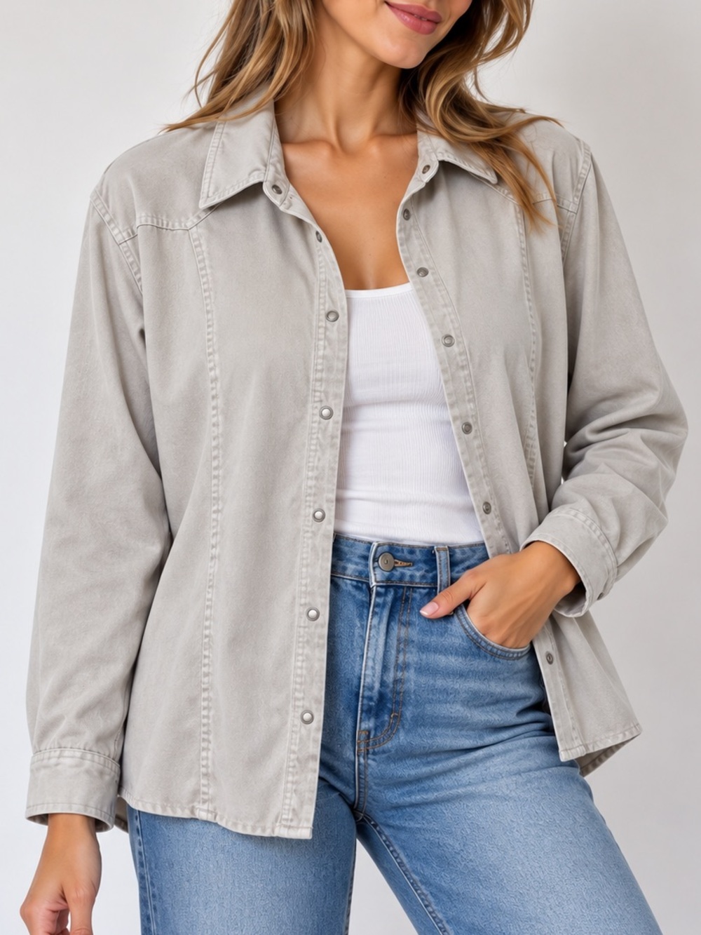 Vintage Cotton Ginny Plus Faux Suede Snap Front Shirt Jacket 1X